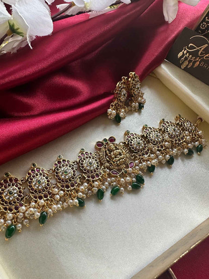 Premium Antique Lakshmi Choker with Kemp Stones