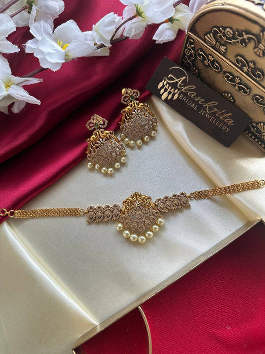 Simple Choker with AD Stones & Pearl Beads