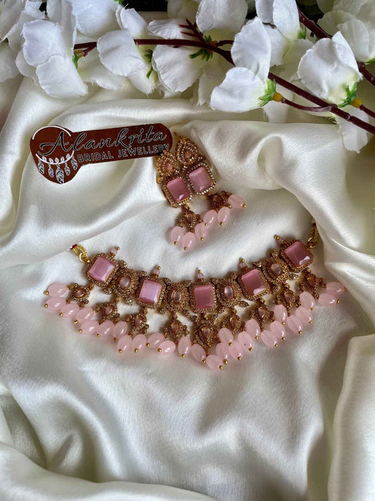 Premium Choker with Pink AD Stones & Beads