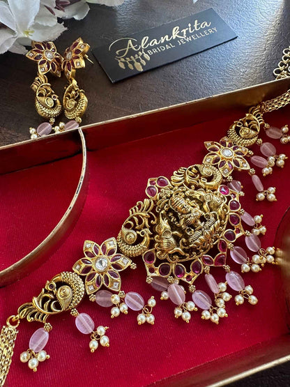 Premium Antique Lakshmi Kemp Choker with Pink Beads