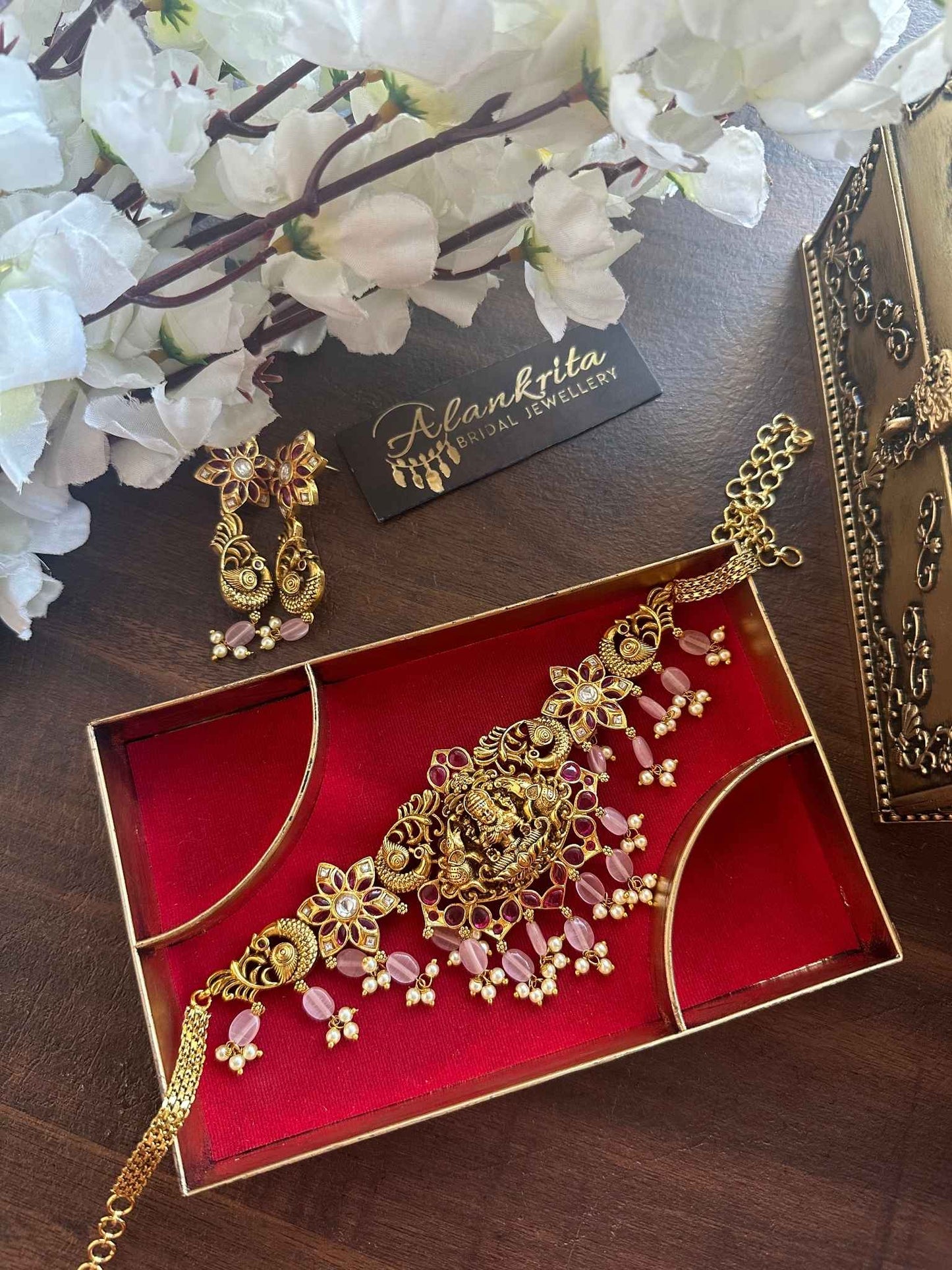 Premium Antique Lakshmi Kemp Choker with Pink Beads