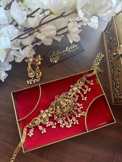 Premium Antique Lakshmi Kemp Choker with Pink Beads