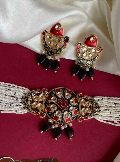 Pearl Beaded Kundan Choker with Black Beads