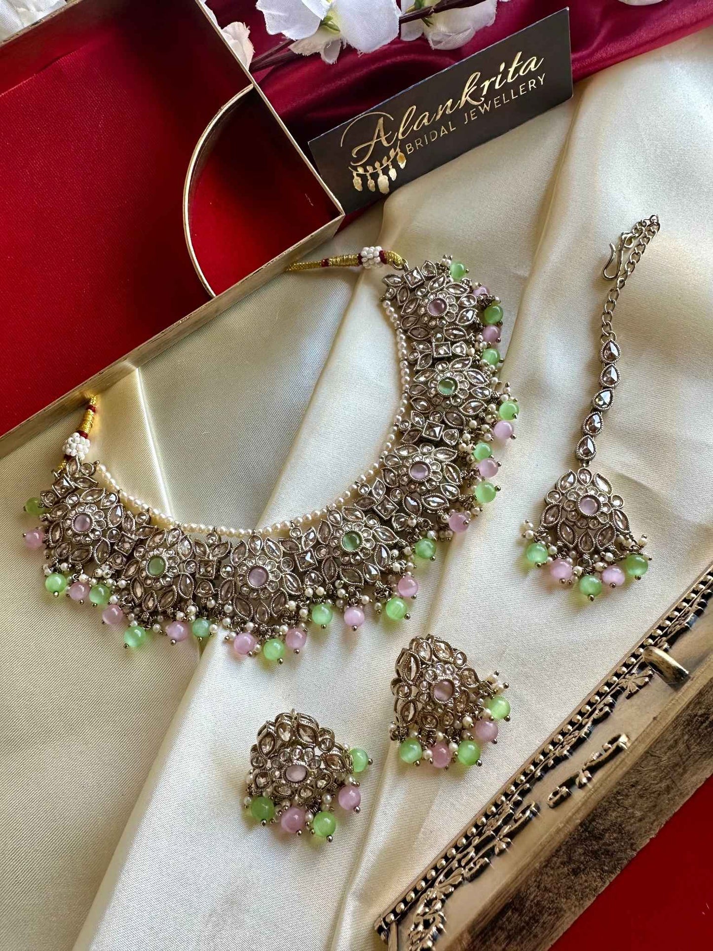 Premium Pastel Green & Pink Kundan Choker with Tikka