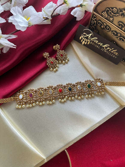 Traditional Navarathna Choker with AD Stones
