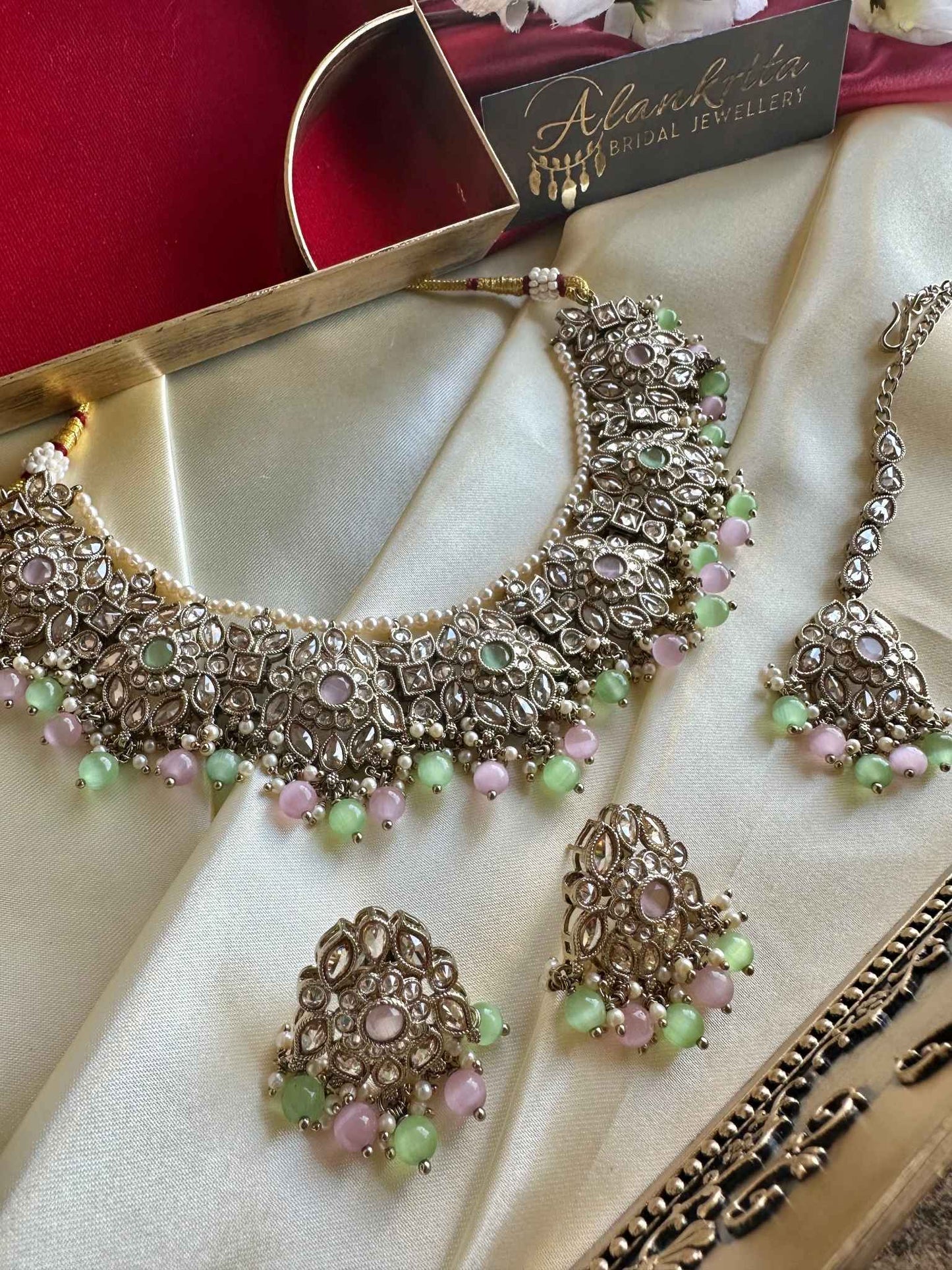 Premium Pastel Green & Pink Kundan Choker with Tikka