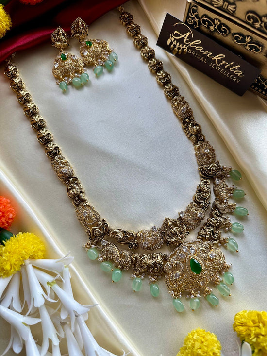 Premium Antique Long Lakshmi Haram with Pastel Green Beads