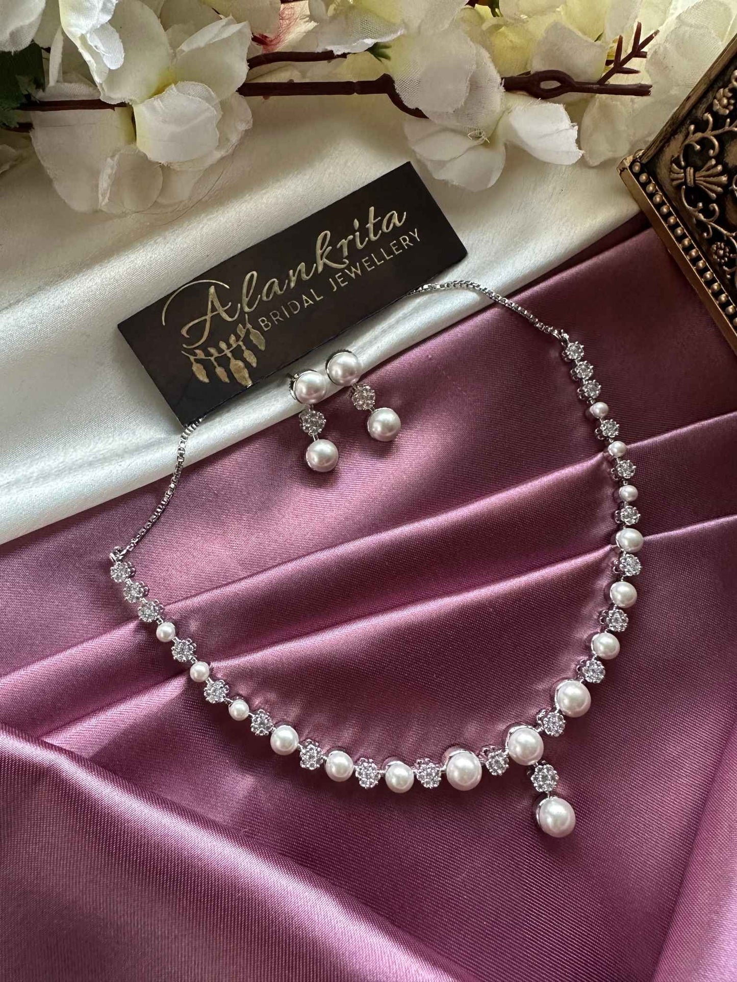 AD Necklace with White Stones & Pearl