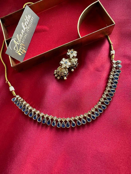 Premium Dark Blue Kundan Choker with Jhumka