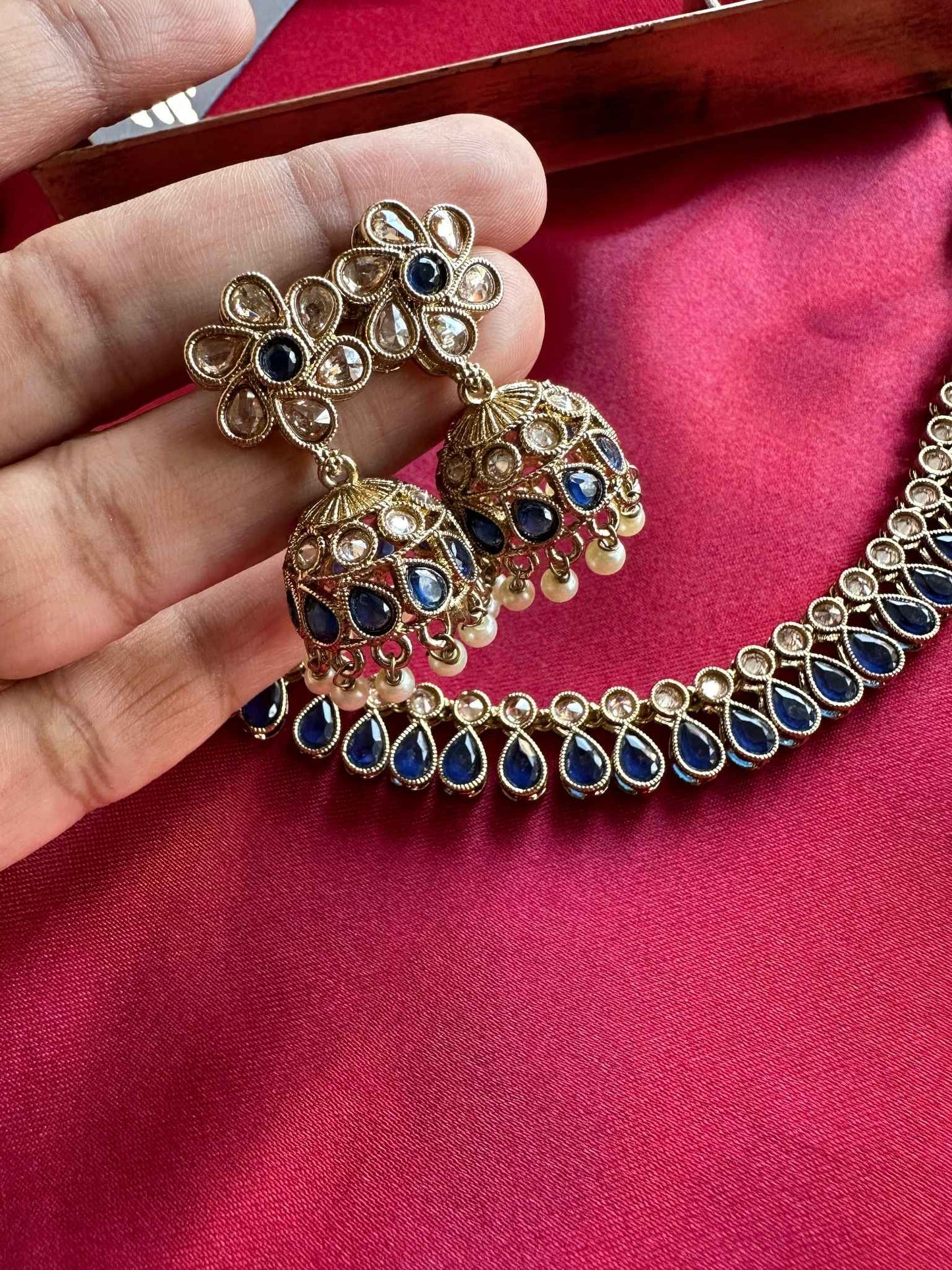 Premium Dark Blue Kundan Choker with Jhumka