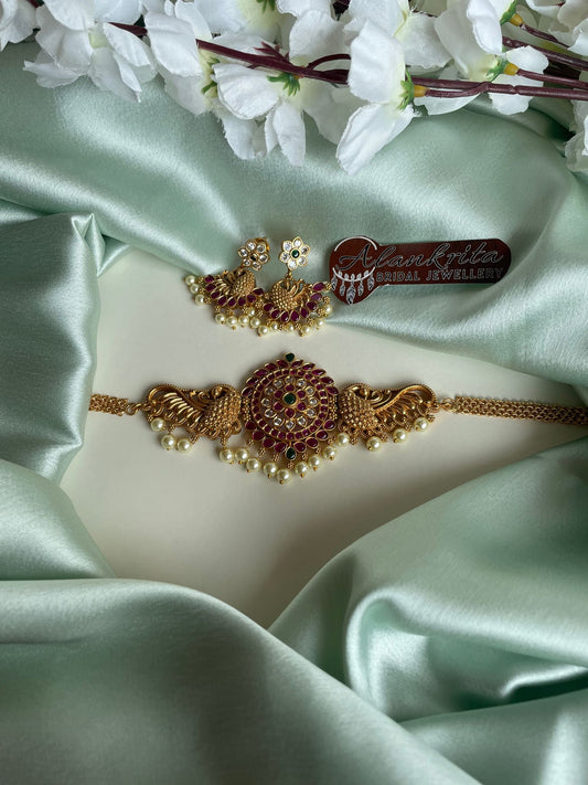 Premium Peacock Choker with Kemp Stones