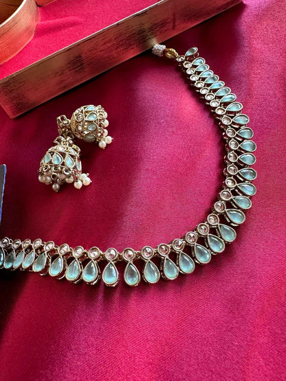 Premium Sea Green Kundan Choker with Jhumka