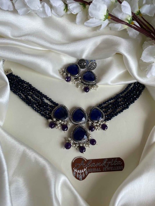Premium Multi Layer Beaded Navy Blue Kundan Choker