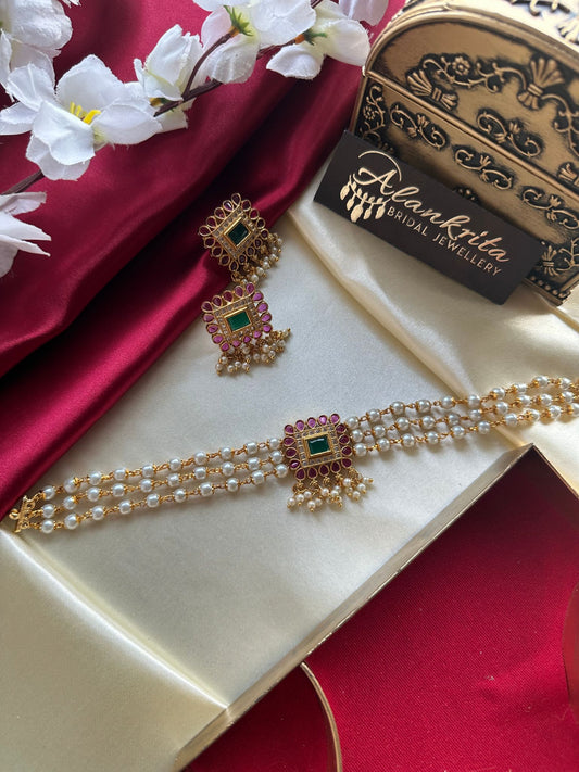 Three Layered Pearl Choker with Kemp Stones