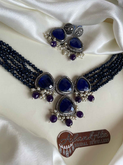 Premium Multi Layer Beaded Navy Blue Kundan Choker