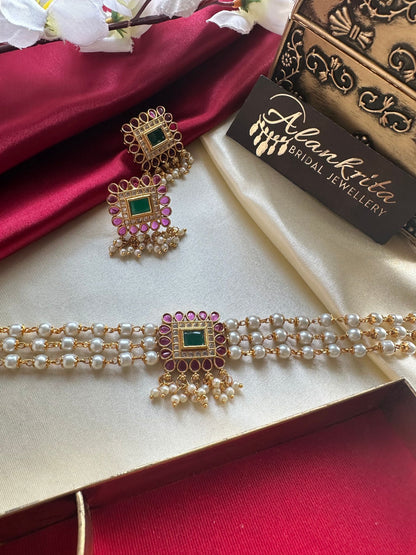 Three Layered Pearl Choker with Kemp Stones