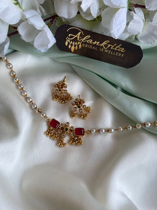 Simple Pearl Beaded Ruby Choker