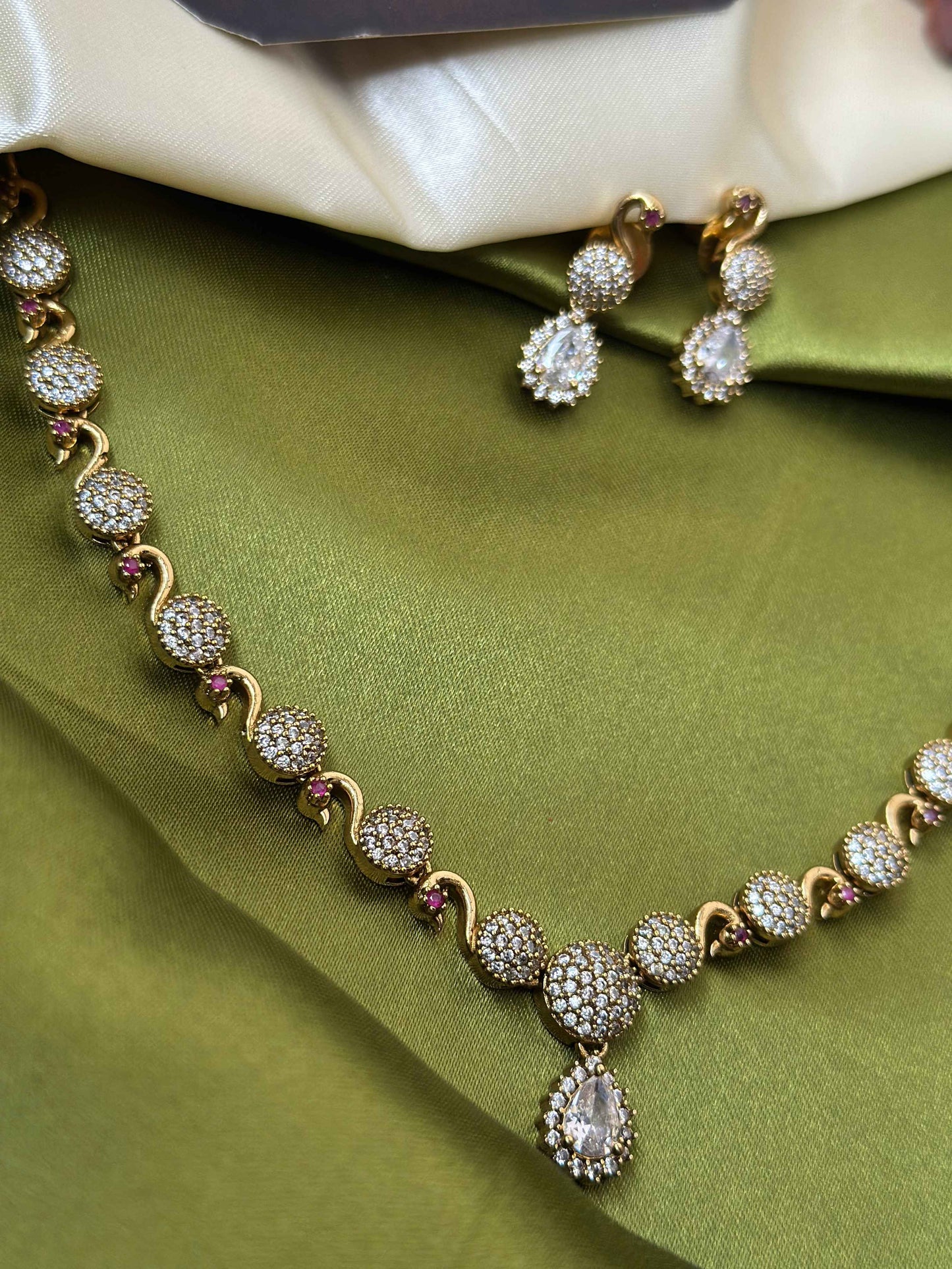 Premium Peacock Pattern Necklace with White AD Stones