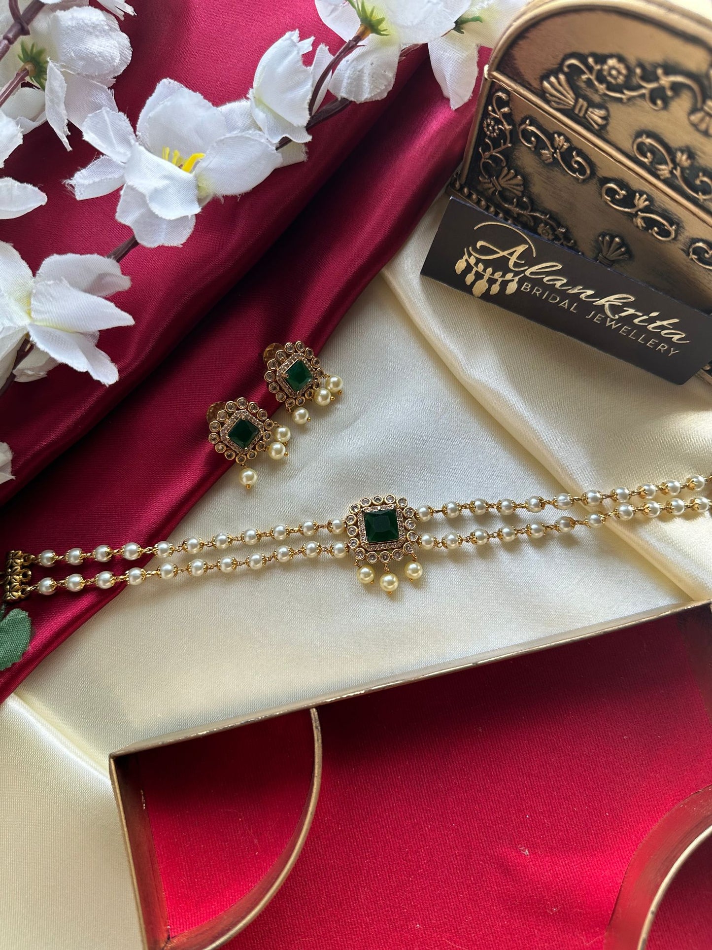 Two Layered Pearl Choker with Green Stone