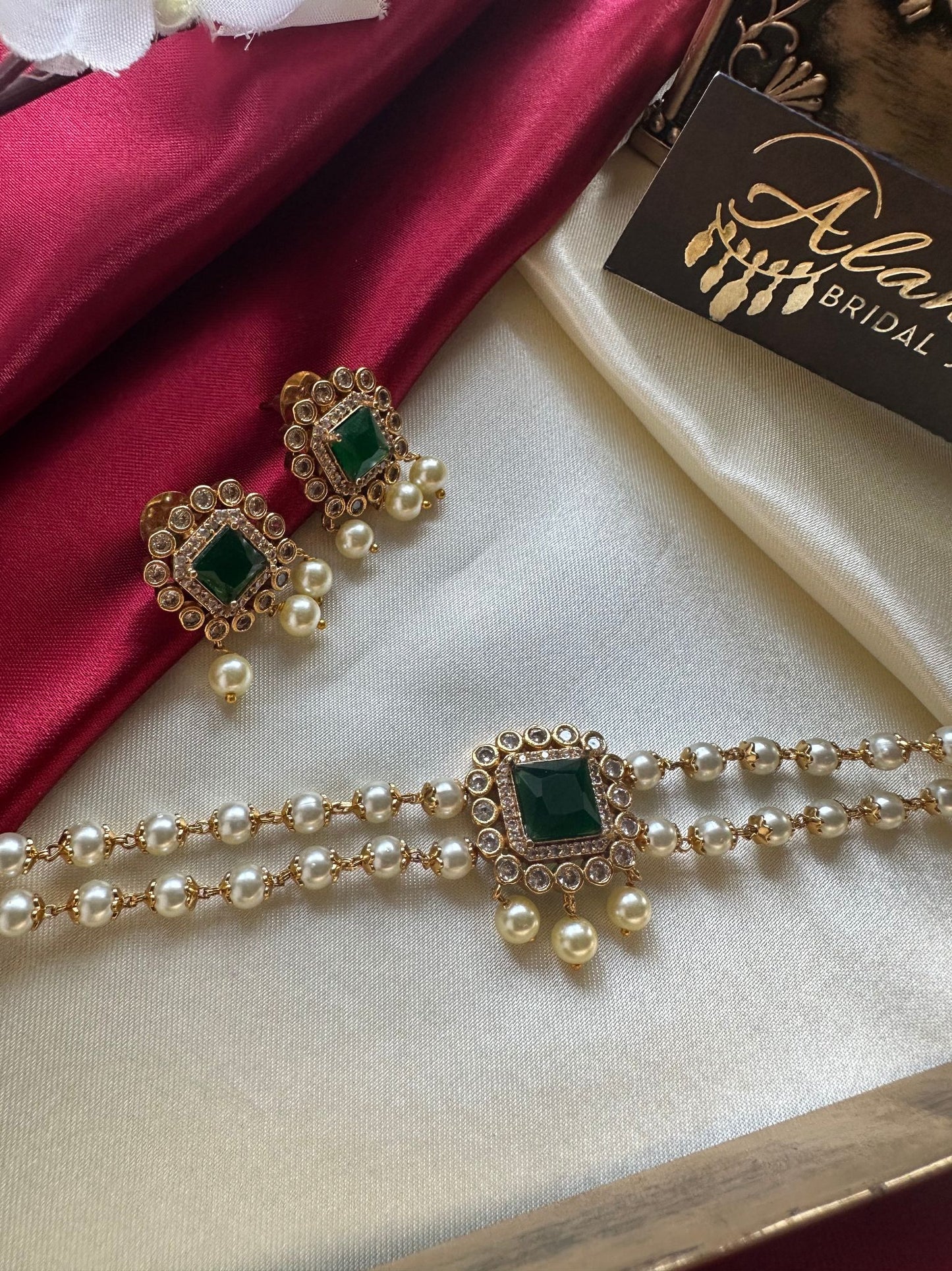 Two Layered Pearl Choker with Green Stone