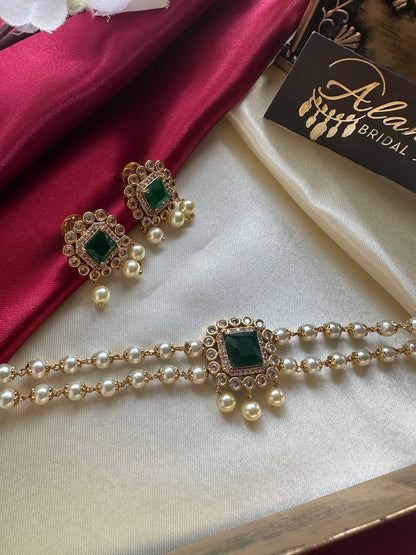 Two Layered Pearl Choker with Green Stone