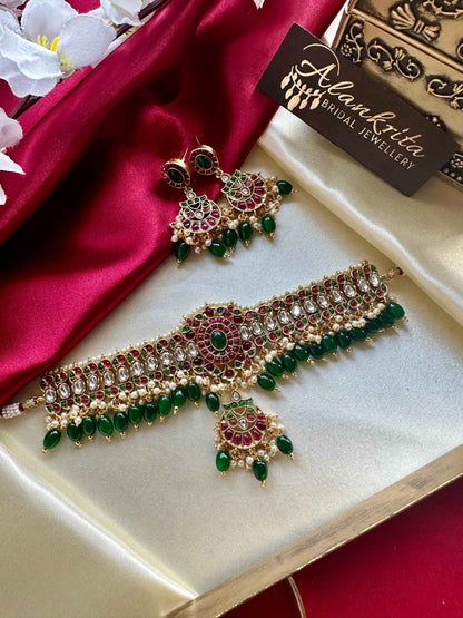 Premium Antique Kemp Choker with Moon Drop & Green Beads